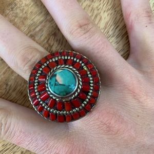 Red jasper/turquoise sterling silver ring